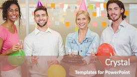  Presentation with farewell party for colleague - Cool new slide deck with portrait of colleagues enjoying birthday backdrop and a coral colored foreground