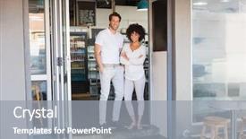  Presentation with bakery - PPT theme enhanced with portrait of colleagues smiling and posing together at the bakery background and a gray colored foreground