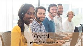  Presentation with desk - Amazing slides having portrait of colleagues working at their desk with headset in the office backdrop and a coral colored foreground