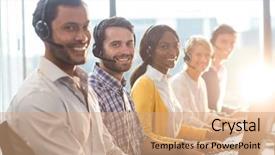  Presentation with desk - Slides enhanced with black call center staff - portrait of colleagues working background and a coral colored foreground