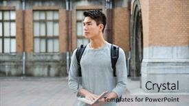  Presentation with college orientation empty classic book - Presentation theme featuring portrait of college student holding background and a  colored foreground