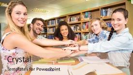  Presentation with college students - Audience pleasing presentation theme consisting of portrait of college students placing hands together over library table backdrop and a coral colored foreground