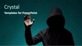  Presentation with computer hacker - Presentation theme with portrait-of-computer-hacker background and a navy blue colored foreground