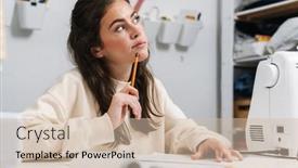  Presentation with sewing - Colorful slide set enhanced with portrait-of-concentrated-seamstress-sewing backdrop and a soft green colored foreground