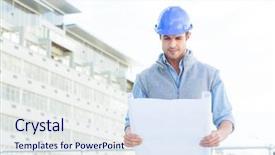  Presentation with blueprint - PPT theme with portrait of confident architect reading blueprint outside building background and a sky blue colored foreground