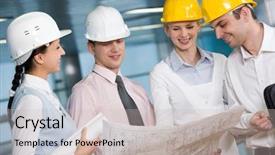  Presentation with architects - Beautiful presentation theme featuring portrait of confident architects in helmets planning their work backdrop and a soft green colored foreground