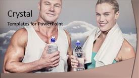 Presentation with water bottle - PPT theme having portrait of confident athlete man and woman with water bottle against clouds in a room background and a mint green colored foreground