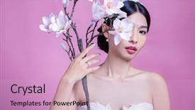  Presentation with pink flowers - Colorful theme enhanced with portrait of confident bride holding backdrop and a  colored foreground