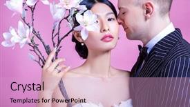  Presentation with bride - PPT theme featuring portrait of confident bride with loving bridegroom against pink background background and a lemonade colored foreground