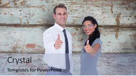  Presentation with composite - Cool new PPT layouts with portrait of confident business people backdrop and a light blue colored foreground