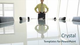  Presentation with conference table - Presentation featuring portrait of confident businessman with hands on hips standing at conference table background and a sky blue colored foreground