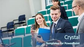  Presentation with lecture hall - Cool new presentation theme with portrait of confident businesswoman holding backdrop and a ocean colored foreground