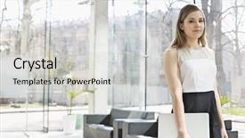  Presentation with lobby - Theme featuring portrait of confident businesswoman holding laptop while standing at office lobby background and a light gray colored foreground