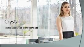  Presentation with lobby - Slide set enhanced with portrait of confident businesswoman holding laptop while standing at office lobby background and a light gray colored foreground