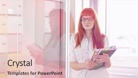  Presentation with files - PPT theme featuring portrait of confident businesswoman holding files in creative office background and a lemonade colored foreground