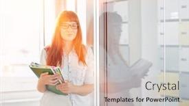  Presentation with files - Audience pleasing slides consisting of portrait of confident businesswoman holding files in creative office backdrop and a soft green colored foreground