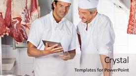  Presentation with butcher - Amazing PPT layouts having portrait of confident butcher holding digital tablet while colleague looking at it in butchery backdrop and a mint green colored foreground