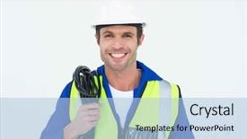  Presentation with electrician - PPT theme enhanced with portrait of confident electrician with wire against white background background and a light blue colored foreground