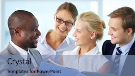  Presentation with dinner invitation to employees - Audience pleasing presentation theme consisting of portrait of confident employees looking backdrop and a teal colored foreground