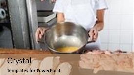  Presentation with butcher - Beautiful slides featuring portrait of confident female butcher showing egg yolk in bowl at table backdrop and a coral colored foreground