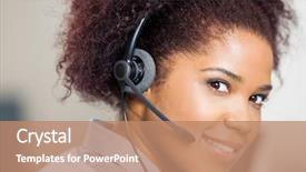  Presentation with excellent customer service - PPT theme with portrait of confident female customer background and a coral colored foreground