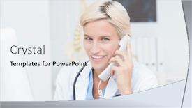  Presentation with land - Presentation having portrait of confident female doctor using land line phone in clinic background and a sky blue colored foreground