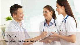  Presentation with female hospital patient - Presentation design enhanced with portrait of confident female doctors consulting patient in hospital background and a coral colored foreground