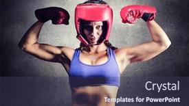  Presentation with flexing - Amazing theme having portrait of confident female fighter flexing muscles against black wall backdrop and a tawny brown colored foreground