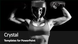  Presentation with flexing - Slides enhanced with portrait of confident female fighter flexing muscles against black background background and a dark gray colored foreground