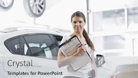  Presentation with female mechanic - Cool new theme with portrait of confident female mechanic with clipboard in car workshop backdrop and a light gray colored foreground