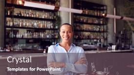  Presentation with restaurant - Slide deck with portrait-of-confident-female-owner background and a dark gray colored foreground