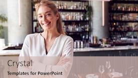  Presentation with bar and restaurant - PPT theme featuring portrait-of-confident-female-owner background and a soft green colored foreground