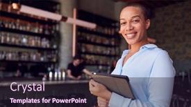  Presentation with restaurant - Beautiful PPT theme featuring portrait-of-confident-female-owner backdrop and a wine colored foreground