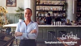  Presentation with restaurant - Slide set with portrait-of-confident-female-owner background and a tawny brown colored foreground