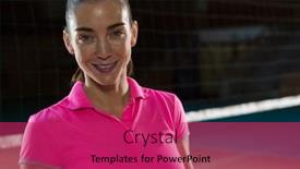  Presentation with volleyball net - PPT theme featuring standing by net at court background and a violet colored foreground