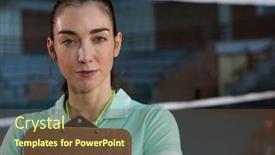  Presentation with coach - Slide deck enhanced with portrait of confident female volleyball coach with clipboard at court background and a tawny brown colored foreground