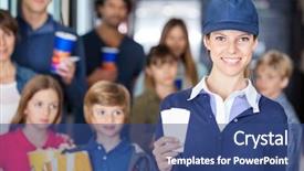  Presentation with families - PPT theme enhanced with portrait of confident female worker holding tickets while families waiting in background at cinema background and a ocean colored foreground