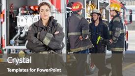  Presentation with fire station - PPT theme consisting of portrait of confident firewoman background and a dark gray colored foreground