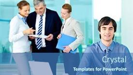  Presentation with employees - Colorful PPT layouts enhanced with portrait of confident leader looking at camera with working employees behind backdrop and a ocean colored foreground