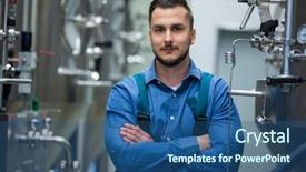  Presentation with confident - Colorful theme enhanced with portrait of confident maintained worker backdrop and a ocean colored foreground