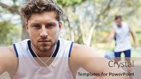  Presentation with basketball court - Beautiful slide set featuring portrait-of-confident-male-basketball backdrop and a coral colored foreground