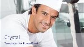  Presentation with butcher - Slides enhanced with portrait of confident male butcher working in butchery background and a sky blue colored foreground