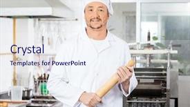  Presentation with chef - Slide deck consisting of portrait of confident male chef holding rolling pin in commercial kitchen background and a sky blue colored foreground
