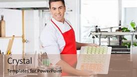  Presentation with commercial - Colorful PPT theme enhanced with portrait of confident male chef presenting raw ravioli pasta arranged on cutting board in commercial kitchen backdrop and a coral colored foreground