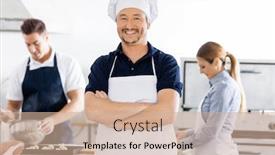  Presentation with chef - PPT theme enhanced with portrait of confident male chef standing arms crossed while colleagues working in background at commercial kitchen background and a coral colored foreground
