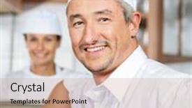  Presentation with butcher - Beautiful theme featuring portrait of confident male mature butcher smiling with female colleague in background at butchery backdrop and a coral colored foreground