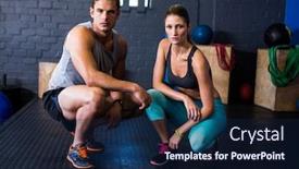  Presentation with athletes - PPT layouts with portrait of confident male and female athletes crouching in fitness studio background and a navy blue colored foreground