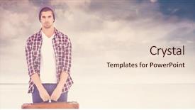  Presentation with beach bag - Presentation design enhanced with portrait of confident man holding bag against serene beach landscape background and a lemonade colored foreground