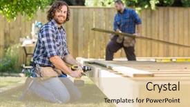  Presentation with construction site construction - Presentation design featuring portrait of confident manual worker background and a lemonade colored foreground