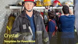  Presentation with fire station - Presentation consisting of portrait of confident mature fireman background and a tawny brown colored foreground